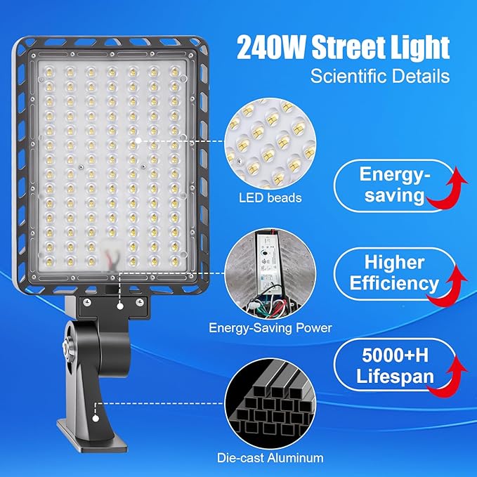 ledmo 240w LED Parking Lot Light Outdoor Dusk to Dawn Parking Lot Lighting with Adjustable Arm Mount 37000lm IP65 LED Street Commercial Area Lights for Yard Sport Barn Shop 5000K