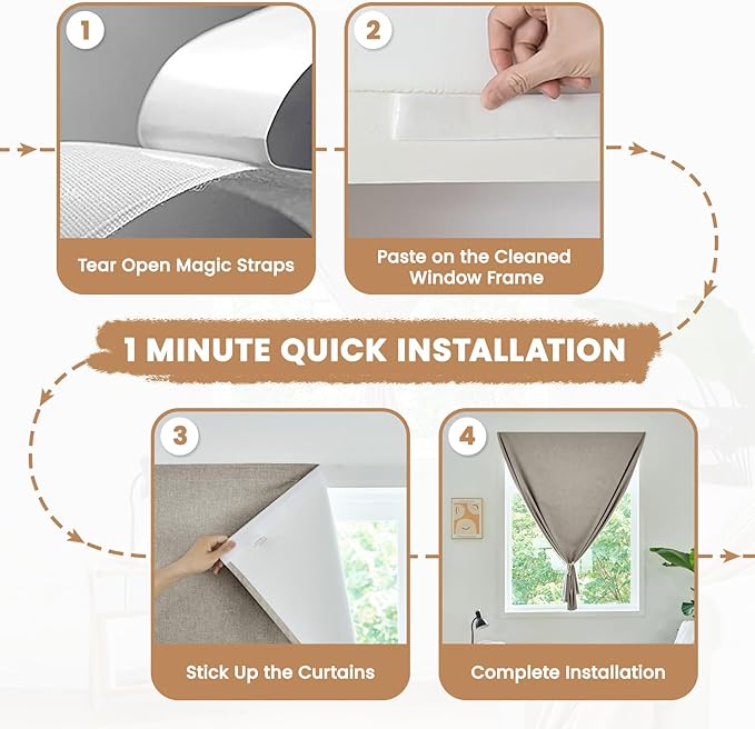 100% Blackout French Door Curtain,Adhesive, No Drilling Required,Small Curtains Designed for Installation On Doors (Light Coffee - W25 × L40 in)