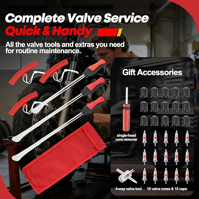 39PC Tire Spoons Tool Set, Premium Tire Irons Tire Changing Kit with 14.5" & 11.5" Levers for Motorcycle, Dirt Bike & Lawn Mower, including Rim Protectors, Valve Tools & Accessories