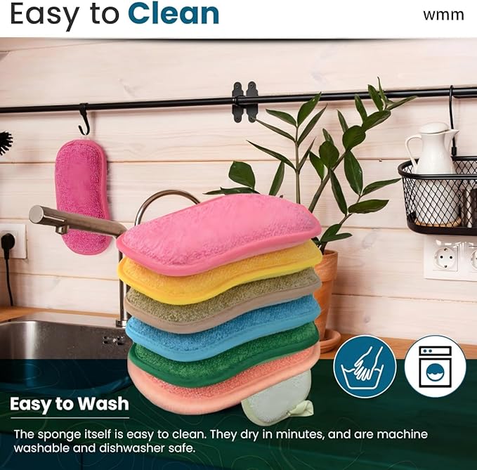 Multipurpose Kitchen Scrub Sponges, Heavy Duty Cleaning Non-Scratch Scrub Sponge, Reusable Microfiber Sponge for Household Cleaning, Six Color Packaging (6pcs)