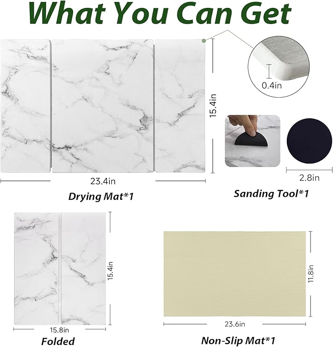 Large Stone Drying Mat for Kitchen Counter, 24"x16" Collapsible Quick Dry Dish Drying Mat, Water-Absorbent Marble Diatomaceous Earth Mats for Bottles Cups Dishes, Match Any Countertop