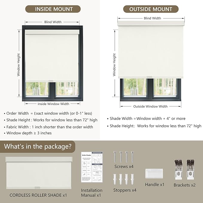 Cordless Blackout Roller Shades Blinds for Windows Free-Stop,Pull Down Room Darkening with Valance,Thermal Insulated Woven Fabric Window Door Blinds for Home,Office,Beige 48" W x 72" L