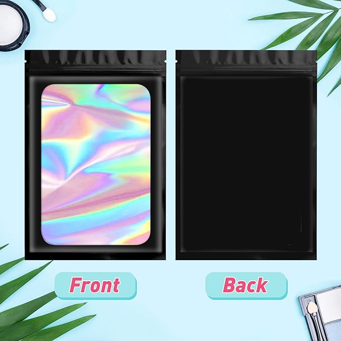 Funfery 300 Pack Smell Proof Resealable Bags for Food Storage,Holographic Bags 3x4.7 Black Mylar Clear Packaging Bag- Scent Proof for Cookies, Zip Foil Pouch for Small Business
