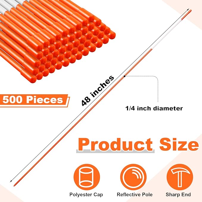 500 Pcs 48 Inch Driveway Marker Driveway Reflectors 1/4 Inch Dia Plow Stakes Reflective Driveway Markers Poles Fiberglass Snow Stakes with Reflective Tape for Easy Visibility
