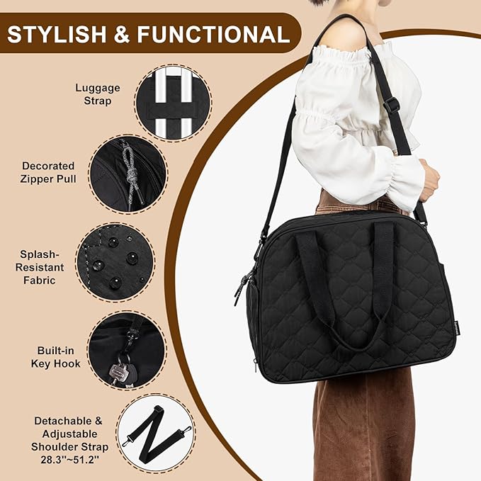 2 Pcs Quilted Puffer Lunch Tote for Women with Wallet, Water-Resistant 15.3’’ Laptop Tablet Work Bag with Insulated Lunch Compartment, 3 in 1 Lightweight Duffle Bag for Travel
