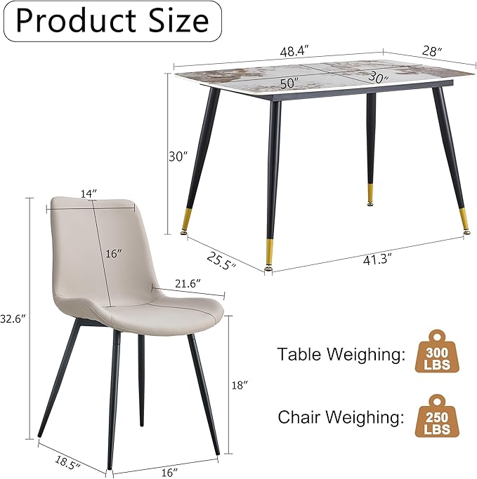 Marble Modern Dining Table Set for 4, 50" Sintered Stone Tabletop and 4 Upholstered PU Leather Chair Dining Room Table Set for 4(1Marble Table and Gray Chairs Set of 4)