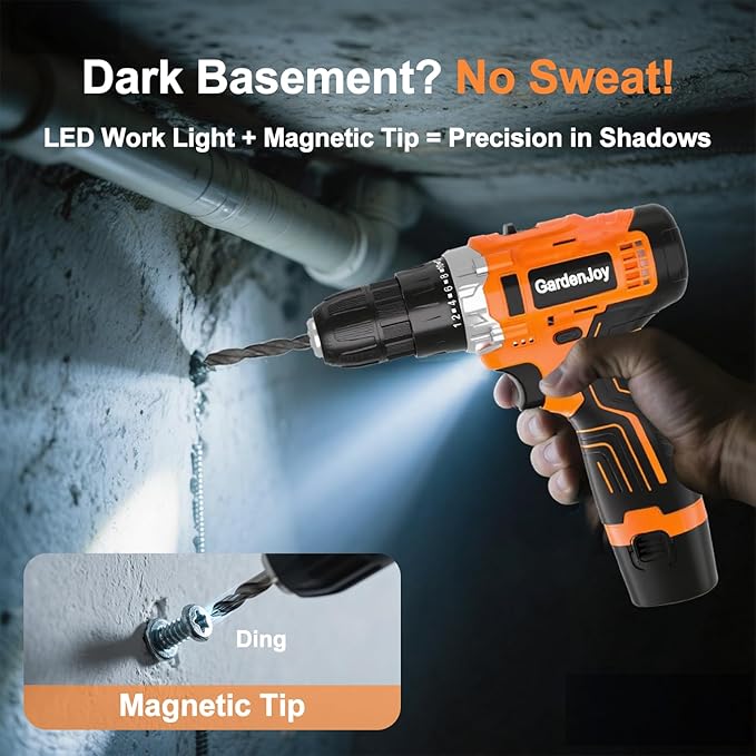 12V Orange Portable Drill Set, 2 Batteries + Fast Charger Included, 2-Speed Control, 3/8" Keyless Chuck, 24+1 Torque Settings, LED Work Light for DIY