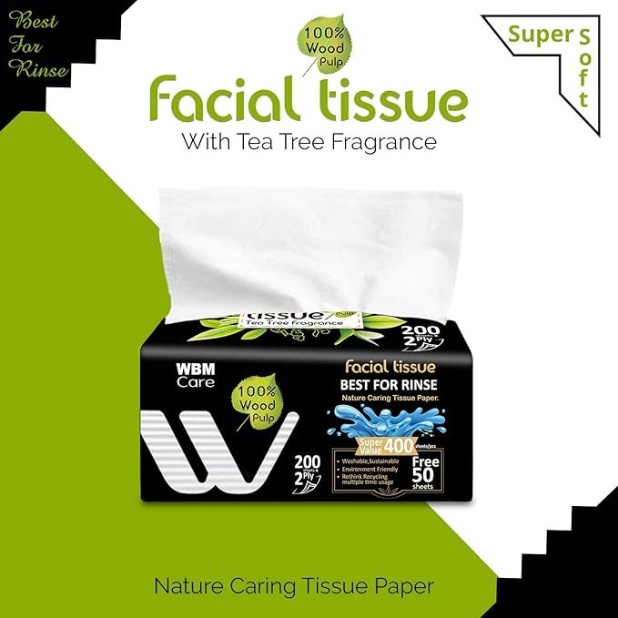 WBM Care Professional Facial Tissue with Tea Tree Fragrance, Pack of 10 Boxes per Case, 200 Sheets per Box, for a Total of 2,000 Soft and Refreshing Tissues