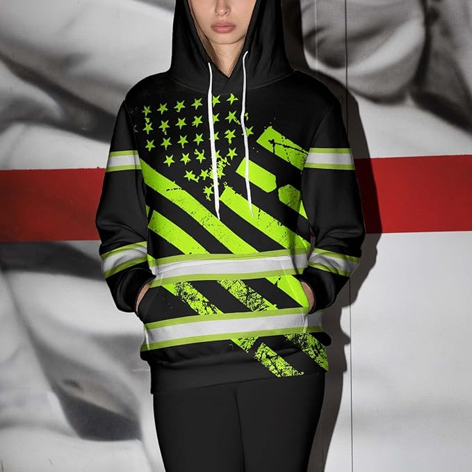Color US Flag High Visibility Hoodie for Men Women Reflective Tapes Safety Workwear for Worker Runner Patriotic