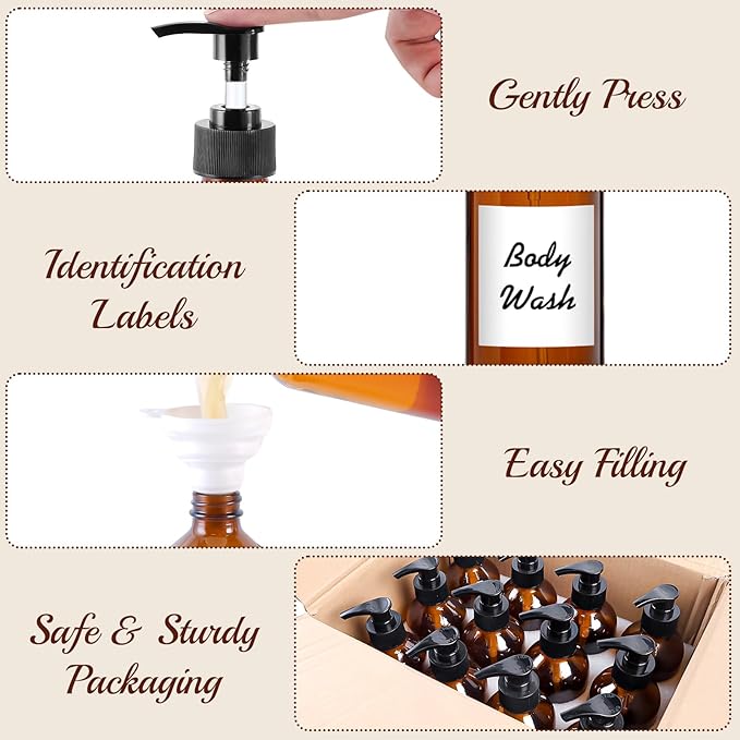 12 Pack Amber Glass Bottles 8oz with Pump Dispensers, Refillable Empty Pump Bottles for Bathroom, Kitchen, Shampoo, Soap, Lotion – Includes 2 Funnels & 12 Labels
