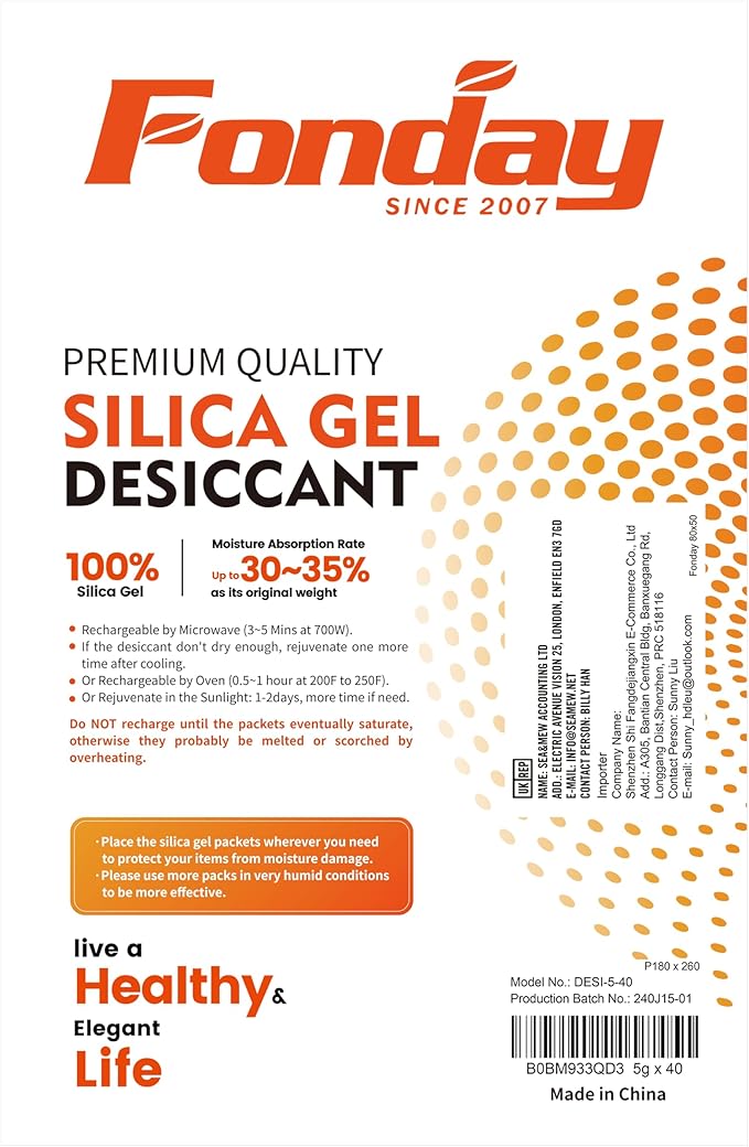 5g x 40 Packs Fonday Food Grade Silica Gel Desiccants Packs Moisture Absorbers Dehumidifier for Food Storage, Electronics, 3D Filament & Safes