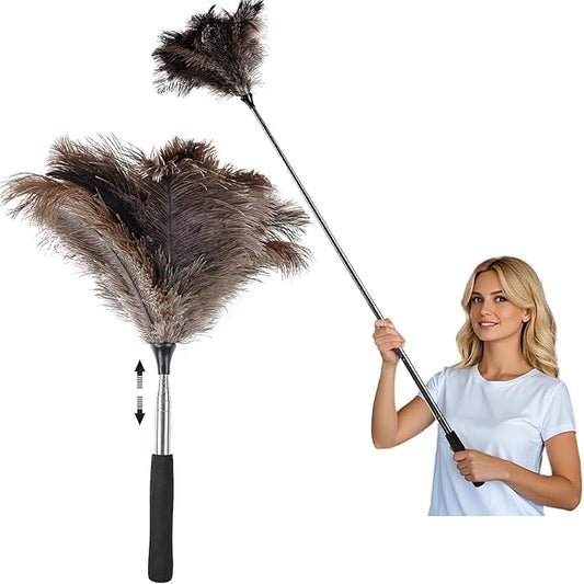 THARAHT Extendable Ostrich Feather Duster up to 16-47 inches Fluffy Feathers Long Handle Reusable for Cleaning Ceiling Fan Pendant lamp High Ceiling Blinds Furniture Feather Duster