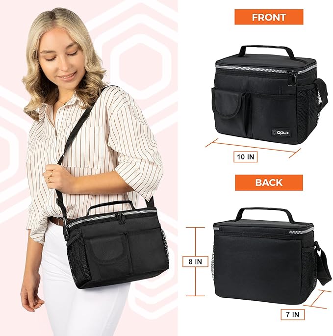 opux Insulated Lunch Bag for Men Women, Leakproof Black Lunch Box for Work, Portable Soft Lunch Cooler Bag with Shoulder Strap, Adult Lunchbox Lunch Pail for Kid Boy Girl School, 14 Can/8L
