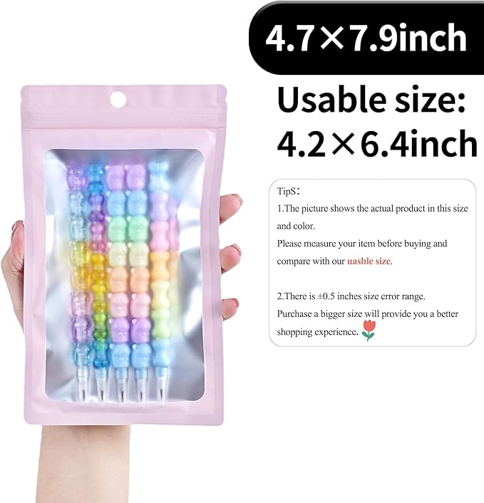 100 Pack Resealable Plastic Bags for Food Storage, Zipper Bags with Clear Front Window, Packaging Pouch for Small Business (Pink, 4.7x7.9 inch)