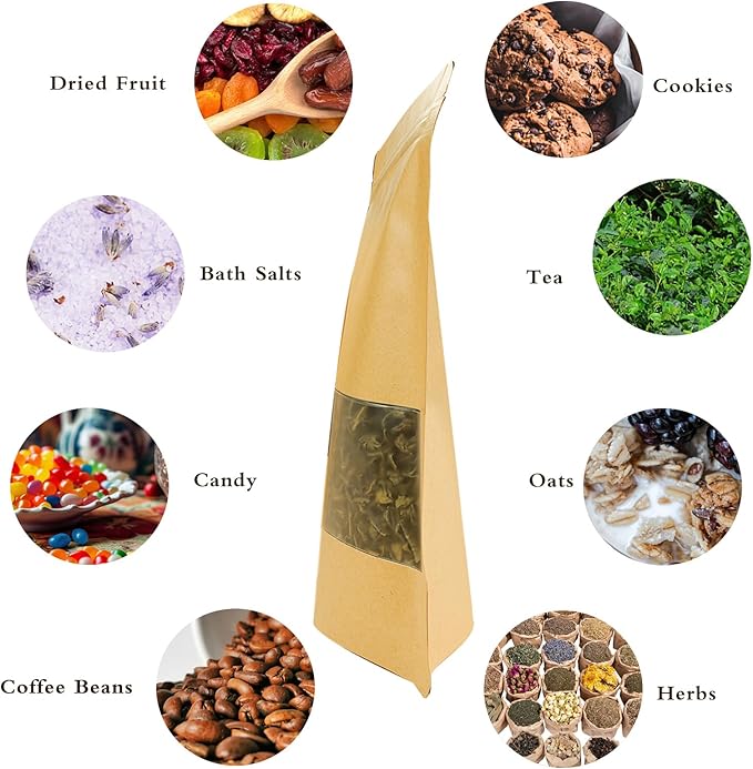 100 PCS Resealable Bags, Stand Up Kraft Paper Bags with Matte Window, Zipper Lock Food Storage Bags for Small Business and Home, 5.51 * 8.66 Inch Reusable Sealable Bags for Packaging