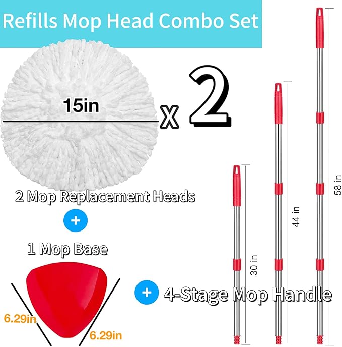 2 Pack Spin Mop Replacements Head Compatible for O ceda EasyWring 1 Tank System, Microfiber Mops Refills Hardwood Floor Cleaning, Base and 30-58in Handle Set Combo