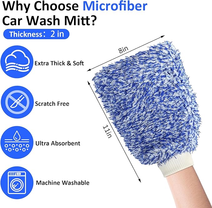 Microfiber Car Wash Mitt, Car Sponge Wrapped in Soft, Plush Fiber Cloth Material, Holds Tons of Sudsy Water for Effective Washing, Lint Free, Scratch Free, for Cars, Motorcycles (Blue 2 Pack)