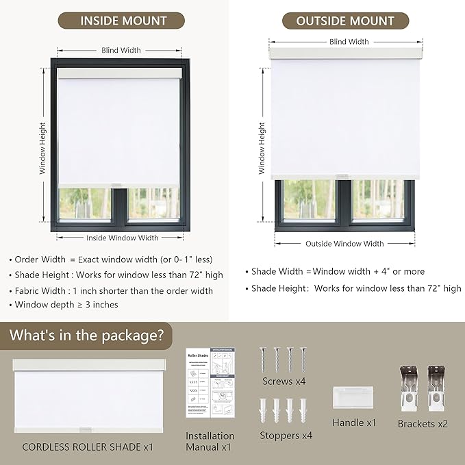 Cordless Blackout Roller Shades Blinds for Windows Free-Stop,Pull Down Room Darkening with Valance,Thermal Insulated Woven Fabric Window Door Blinds for Home,Office,White 35" W x 72" L