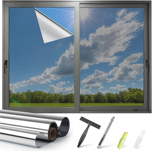 Kromapolis One Way Window Privacy Film Reflective Mirror Home Window Tint, Daytime Privacy Heat Control Anti UV Glass Tinting Static Cling (Silver, 23.6 x 118.1 inch)