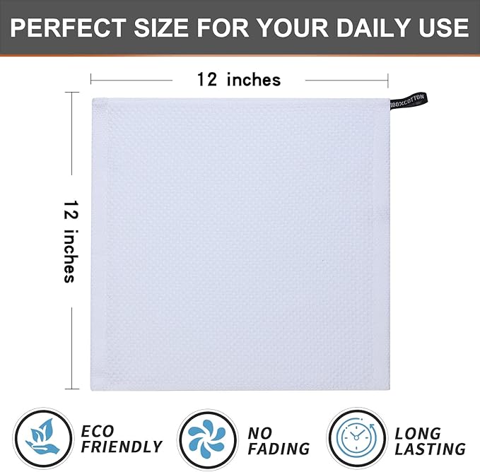 Kitinjoy 100% Cotton Kitchen Dish Cloths, 8 Pack Waffle Weave Ultra Soft Absorbent Dish Towels for Drying Dishes Quick Drying Kitchen Towels Dish Rags, 12 X 12Inch, White
