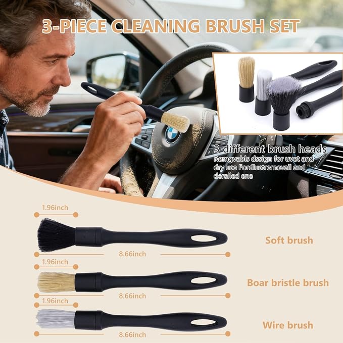 11PCS Car Interior Cleaning Dust Brush Detailing Set, Microfiber Cloth & Applicator, Single-Head Detailing Brushes, Natural Bristles, Scratch-Free & Ultra-Soft for Seats Leather Care or Cleaning