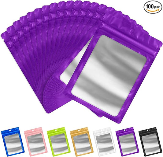 FUNFERY 100 Pack Mylar Resealable Bags Foil Packaging Bags with Clear Window,Zipper Pouch Smell Proof Bag for Food Storage,Cookies,Sample,Small Business(Purple,2.4x3.9inch)