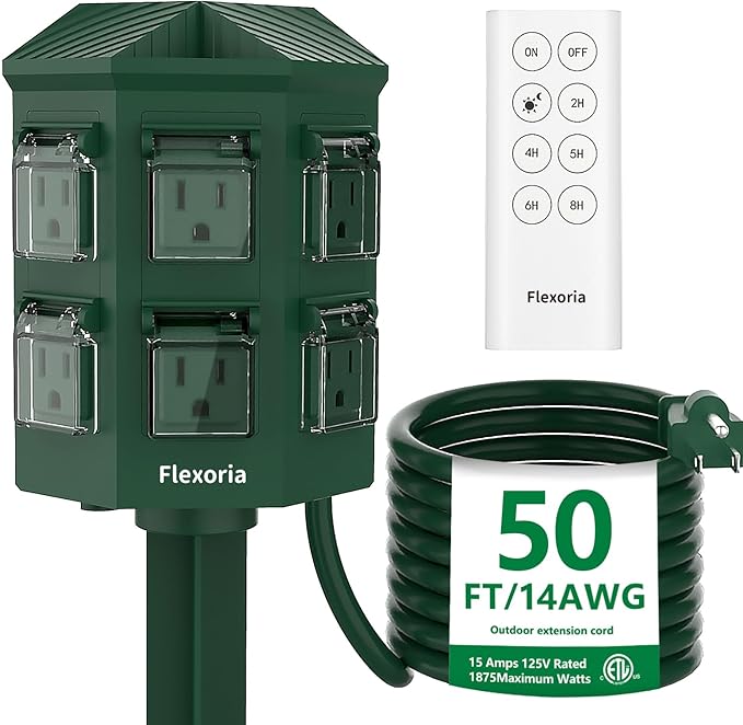 Outdoor Power Stake Timer, Remote Control Dusk to Dawn Light Timer, 50FT Extension Cord Waterproof, 6 Grounded Outlets for Outdoor Christmas Decorations, ETL Listed