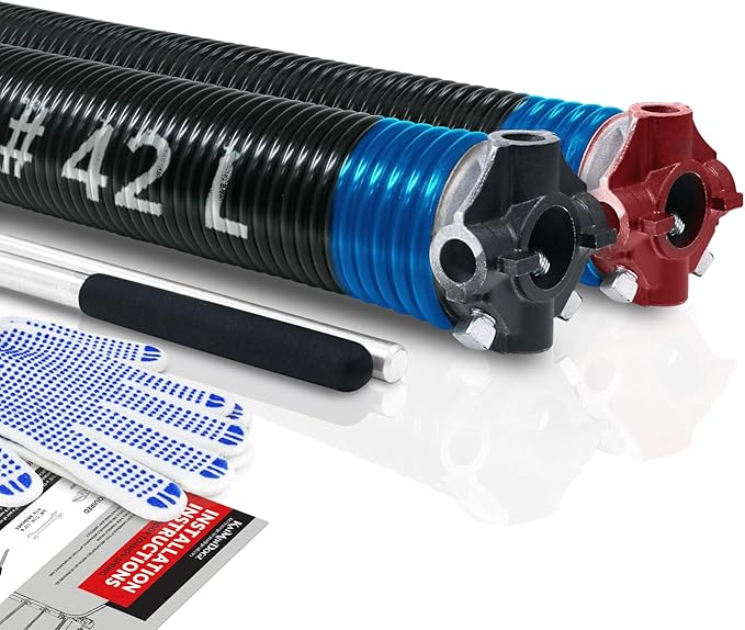 Pair of 2" Garage Door Torsion Springs Set with Non-Slip Winding Bar & Gloves,High Precision Electrophoresis Black Coated, for Replacement & Installation, MIN 16,000 Cycles (0.283x2''x42'')