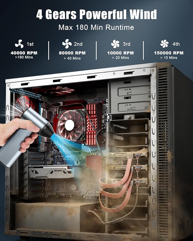 Compressed Air Duster with150,000RPM Brushless Motor, 8000mAh Battery, LED Light, 4-Gear Adjustable Electric Air Blower for Home, Car, Computer, Outdoor