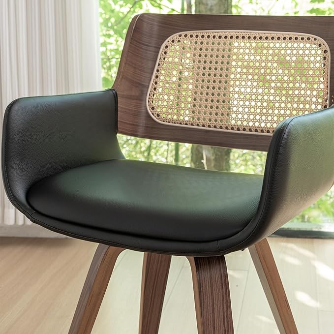 Set of 2 Mid Century Modern Dining Chairs - Rattan Dining Chairs with Curved Arms, Cane Back, Walnut Bentwood Frame, Faux Leather Seat, Versatile for Restaurant/Kitchen/Living Room (Walnut Black)