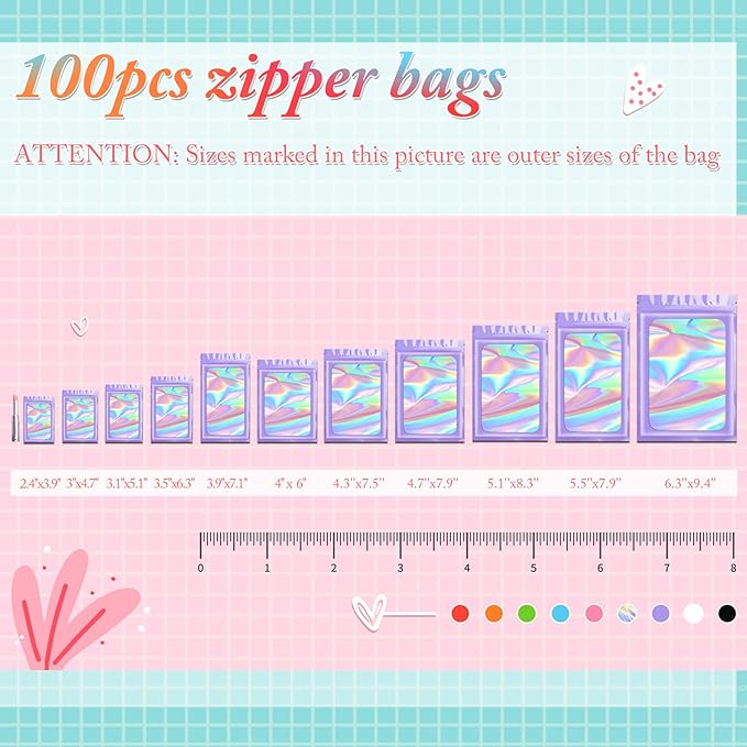 Funfery 100 pcs Purple Mylar Holographic Resealable Bags - Clear Seal Foil Pouch Zipper Bag for Food Storage, Gloss, Lash, Jewelry Packing - Small Business (6.3x9.4In)