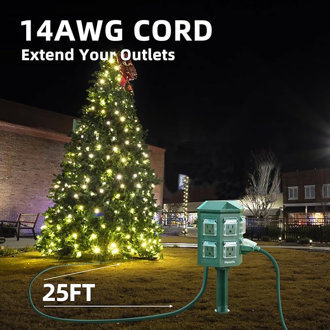 Outdoor Power Strip Waterproof, 25 FT Extension Cord, 6 Grounded Outlets for Christmas Decorations and Inflatables, 15A/1875W, ETL Listed