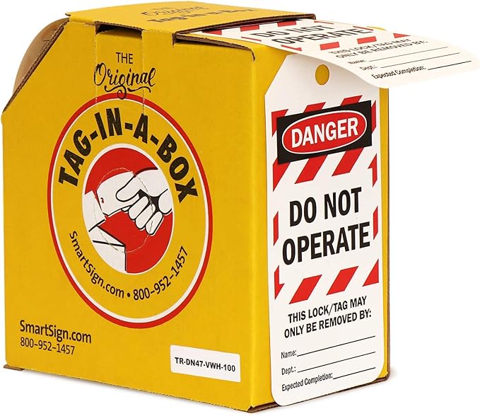 SmartSign Pack of 100 “Danger - Do Not Operate” 2-Sided Lock Out Safety Tags in Dispenser Box | 3" x 6.25" Plastic, Red White Stripes