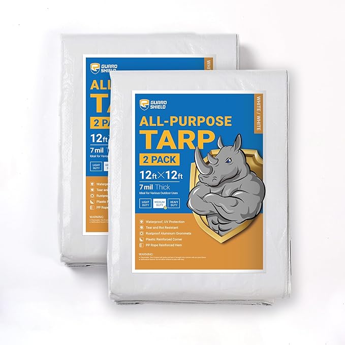 GUARD SHIELD White Tarp 12x12 Feet Medium Duty All Purpose Poly Tarps Cover 7mil (2-Pack)