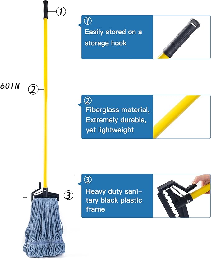 Matthew Easy Trigger Release Mop Handle 60 inch Fiberglass Mop Stick,Commercial Mop Head Replacement Holder for Floor Cleaning,Clip On Mop Handle Quick Change for Wet Mop Handle - 6Pack Yellow