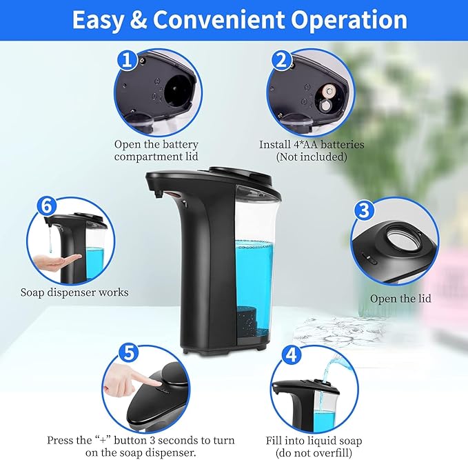 FKWin Automatic Soap Dispenser, Touchless Hand Soap Dispensers 17oz/500ml with 5 Adjustable Soap Levels, Kitchen Soap Dispensers, Liquid Hand Soap Dispenser Bathroom, Black