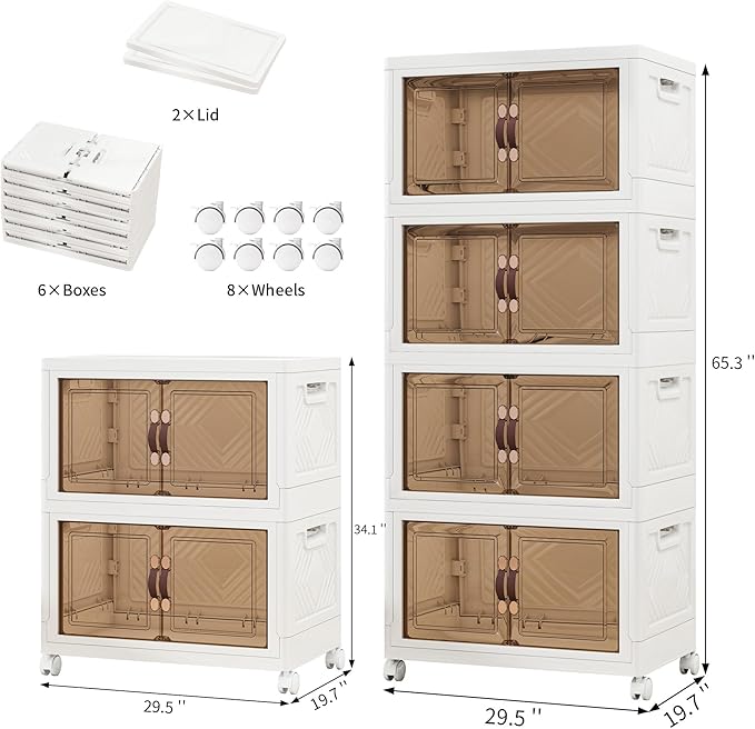 Storage Bins with Lids and Wheels, Collapsible Bathroom Storage Cabinet with Clear Doors, Plastic Stackable Closet Organizers and Storage Containers White 942 QT