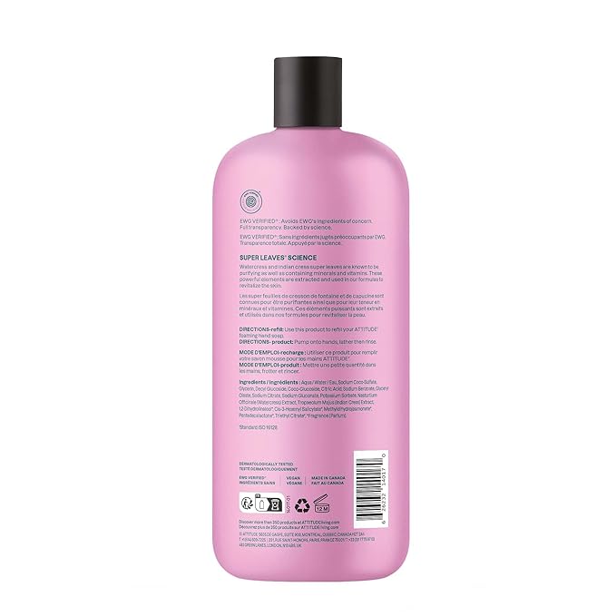 ATTITUDE Foaming Hand Soap Refill, EWG Verified, Natural & Plant-Based Hand Wash, Gentle & Moisturizing, Vegan, Coconut & Wildberries Scent, 30 Fl Oz