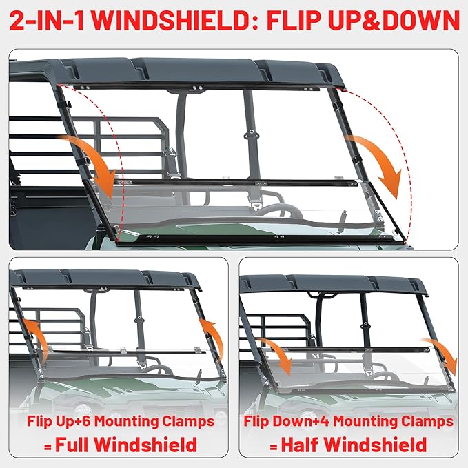 StarknightMT Heavy Duty Anti-Scratch Mule Pro Flip Down Windshield Compatible with 2015-2025 Kawasaki Mule Pro FXT / FX / DXT / DX Fold Window Hard-Coated Polycarbonate 250X Stronger Than Glass