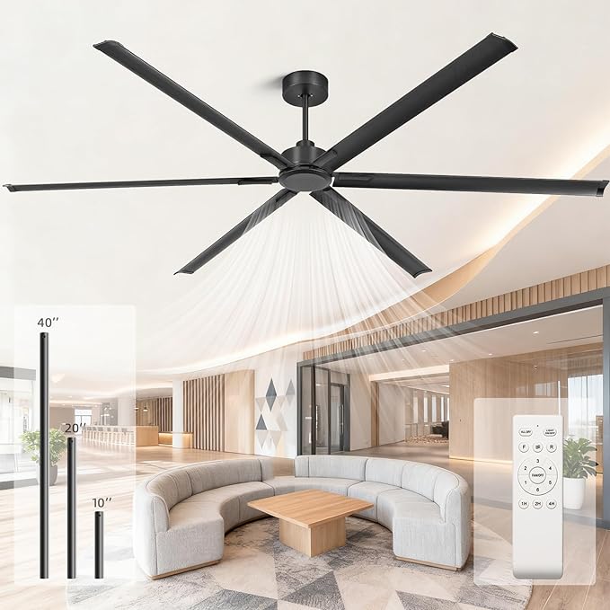 108 Inch Large Industrial Ceiling Fans, HVLS Commercial Fan with DC Reversible Motor, 6 Black Aluminum Heavy Duty Blades, 6-Speed, Timer, 10/20/40 Inch Downrods, for Shop/Barn/Garage (108 inch)