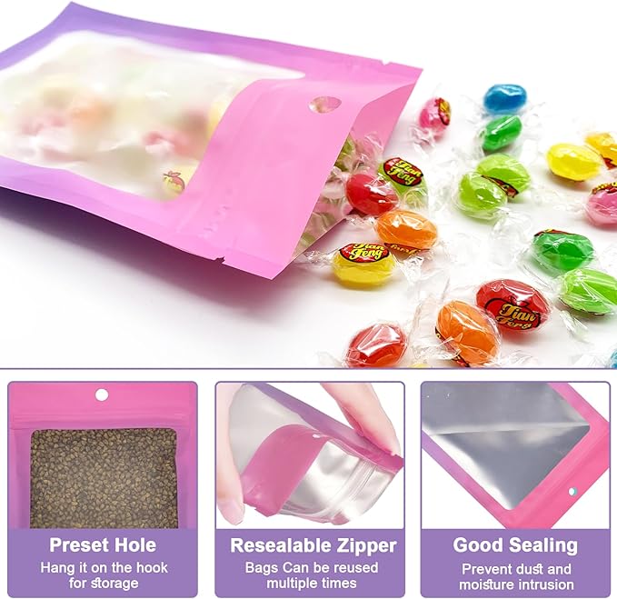 300 Pcs Gradient Mylar Bags, 3 Size Smell Proof Bags with Clear Window Foil Pouch Bags Resealable Bags for Small Business and Food Storage, Pink Purple