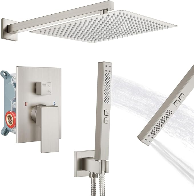 Shower Faucet Set Rainfall Shower System with Square Showerhead and Handle Set Fixture with 2 in 1 Function Handheld Sprayer Wall Mounted Trim Repair Kit Rough-in Valve 16 Inch Brushed Nickel