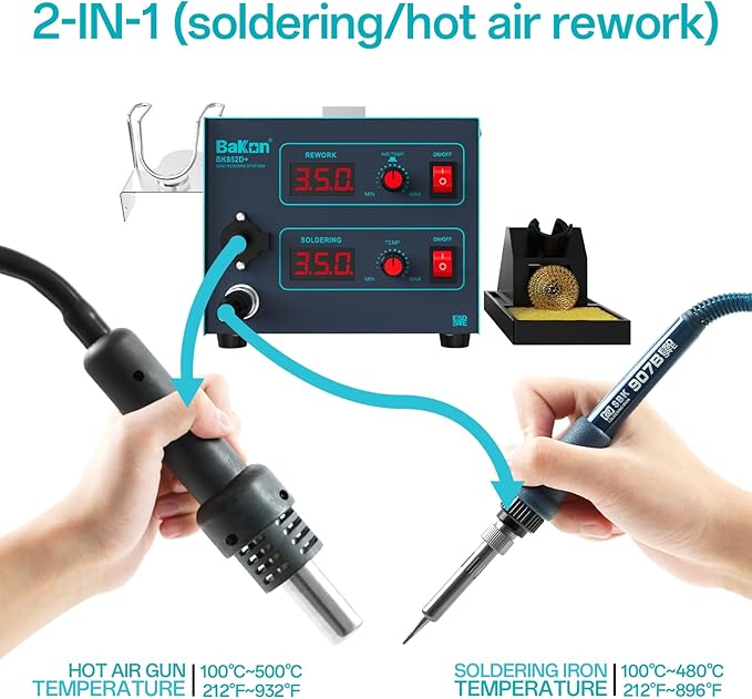 Bakon 852d+ Heat Gun And Soldering Iron 2-In-1 Kit, Smd Hot Air Rework Soldering Station, Multiple Functions Electronics Kit, Led Digital Display, Knob Type Adjustable Temperature