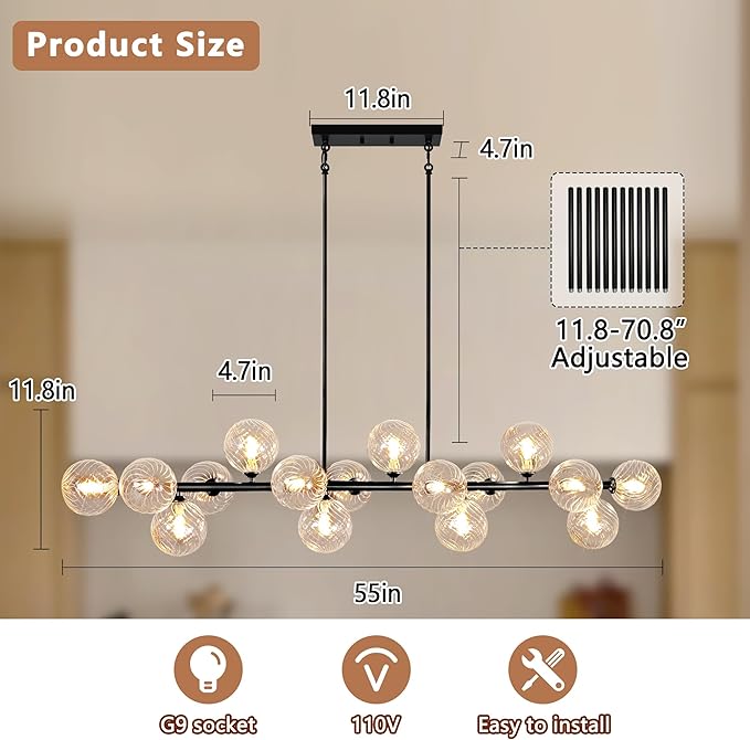 Large Chandeliers for Dining Room, 16-Light Modern Chandelier Sputnik Chandeliers Black Dining Room Light Fixture with Clear Globe Sputnik Ceiling Light Fixture Linear Chandelier over Kitchen Island