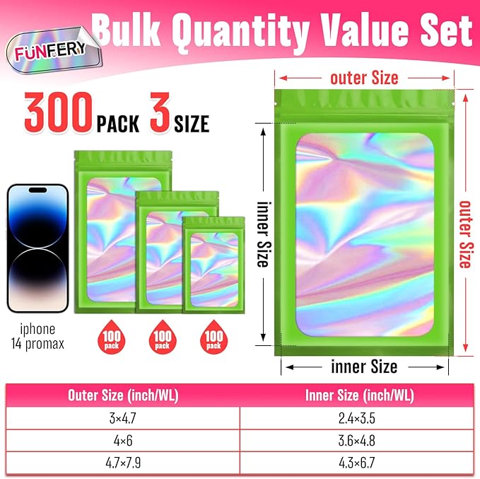 Funfery 300 Pack 3 Size Mylar Holographic Bags with Clear Window,Resealable Bag Smell Proof Foil Baggies Packaging Pouch for Food Storage,Sample,Small Business(Green,3x4.7,4x6,4.7x7.9in)