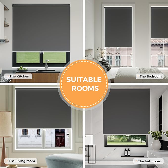 Cordless Roller Shades Blackout Blinds for Windows Room Darkening Rolled Up Shades with Spring System, UV Protection Window Shades Door Blinds for Home and Office (Grey, 32" W x 72" H)