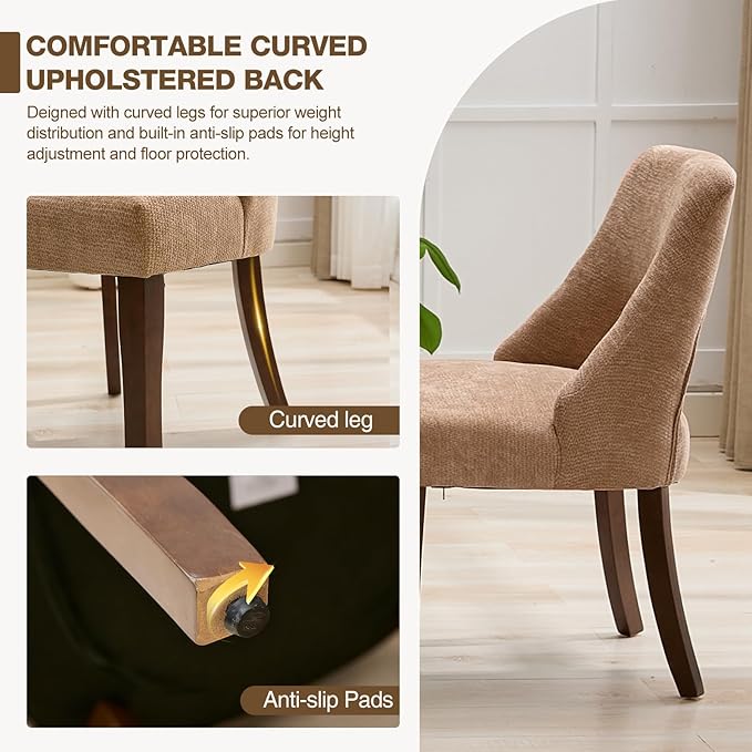 UVV Wooden Dining Chairs Set of 6, Mid Century Modern Upholstered Dining Room Chair Kitchen Chairs, Chenille Dinner Chair with Solid Wood Legs for Kitchen Dining Room, Khaki-Chenille