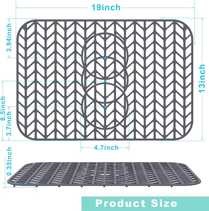 AWOKE Sink Protectors for Kitchen Sink - 19"x 13" Sink Mat - Heat resistant Easy-clean Silicone Sink Mat - for Protection of Stainless Steel Sink - with 3 Reserved Holes (Grey)