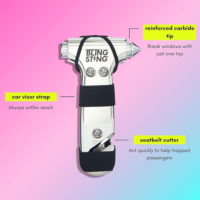 BLINGSTING Glammer Safety Hammer - Emergency Automotive Escape Hammer Tool, Seat Belt Cutter & Car Window Break Tool - White & Silver, 2 Count