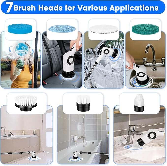 Electric Spin Scrubber, Cordless Power Shower Scrubber with 7 Scrub Brush, 3 Speeds, Adjustable Extension Handle, IPX7 Waterproof Electric Cleaning Brush for Bathroom Tub Tile Kitchen Car- White